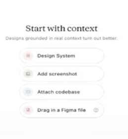 Claude Design start with context screen offering Design System, screenshot, codebase, and Figma file options