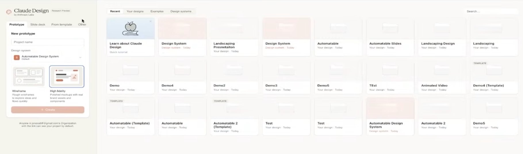 Claude Design interface showing prototype, slide deck, template, and design system options
